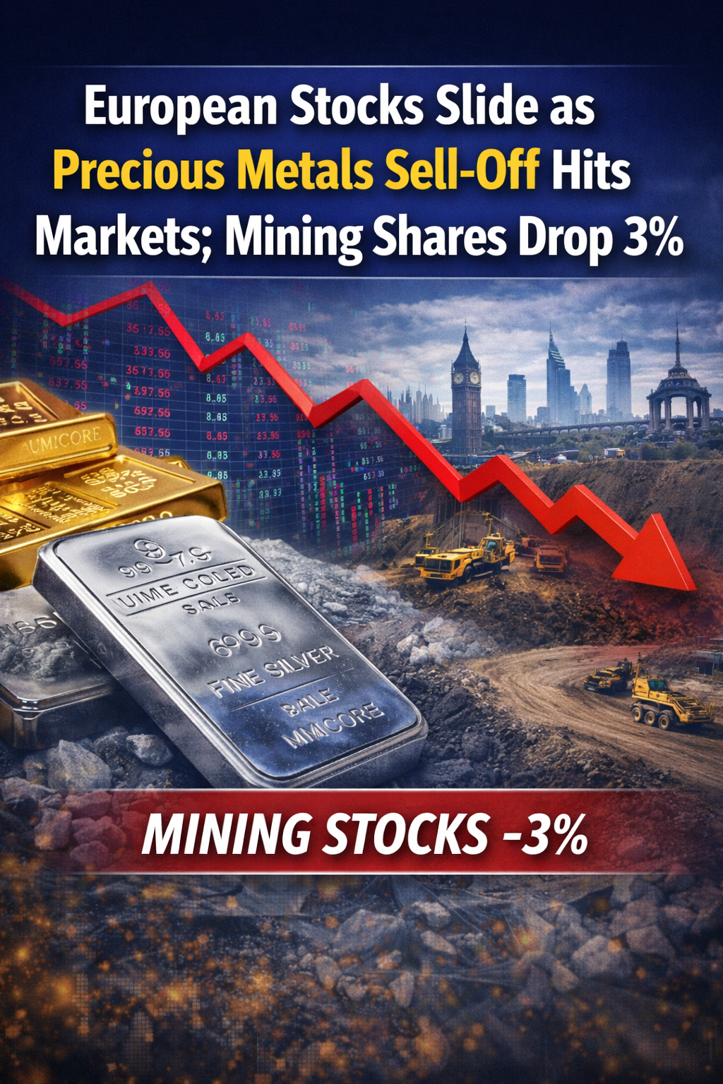 European Markets Fall as Precious Metals Retreat, Mining Stocks Tumble 3%